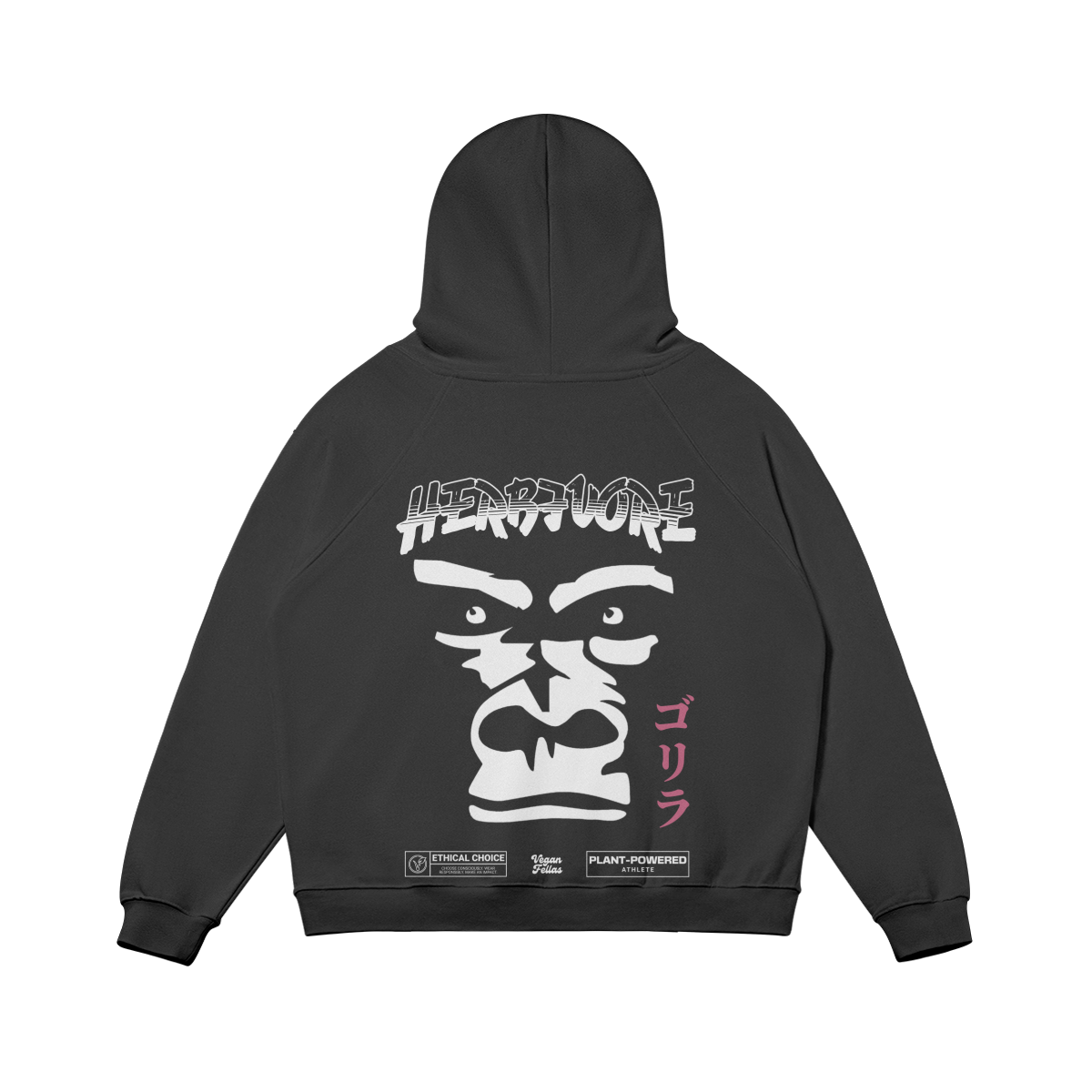 Back of Vegan Outfitter's Black Oversized Hoodie with Gorilla Design - Herbivore, Japanese Script, and Ethical Badges